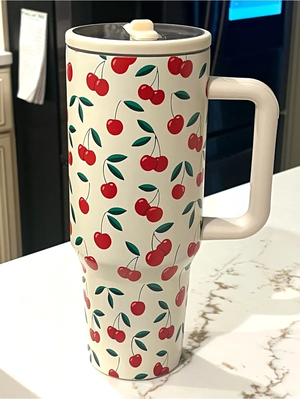 Cherry Print Cream Travel Mug with Handle